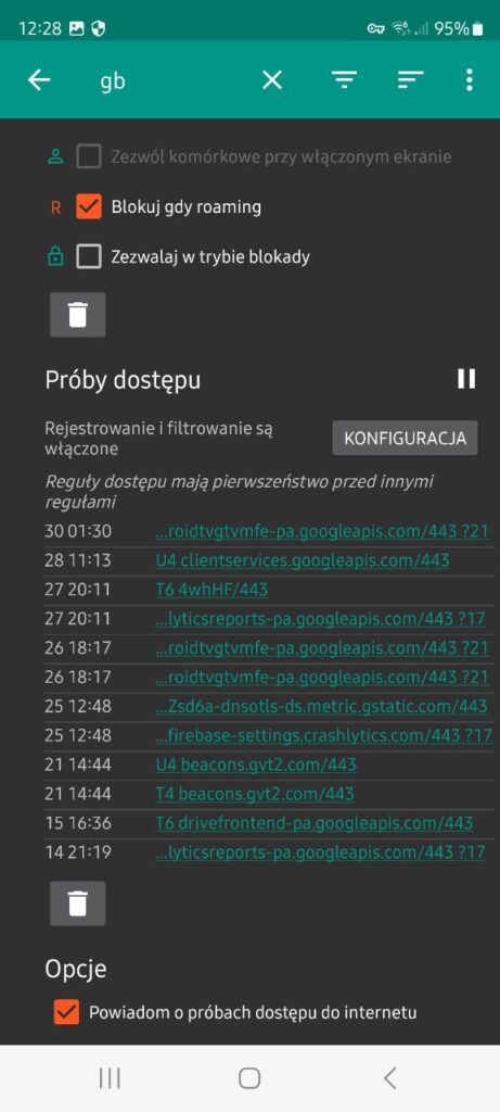 Zrzut ekranu z aplikacji NetGuard na moim telefonie. Pokazuje ruch wychodzący z Gboard. Widać kolejne pakiety wysłane w kolejnych dniach na serwery Google.